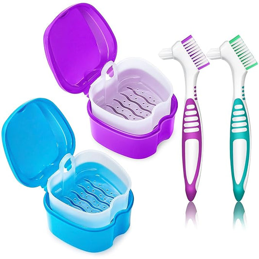 2 Pack Denture Cup Denture Bath Holder Case with Strainer Basket, Dental Retainer Cleaner Case False Teeth Container Denture Bath Soaking Cup with 2 Brushes - Purple and Blue