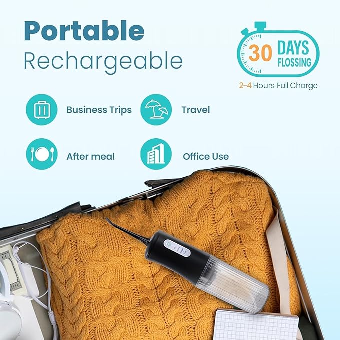 Cordless Water Flosser for Teeth Cleaning Pick - Electric Dental Irrigator with 4 Cleaning Modes & 8 Jet Tips, IPX7 Waterproof, Portable Rechargeable Design for Home & Travel Use,Black