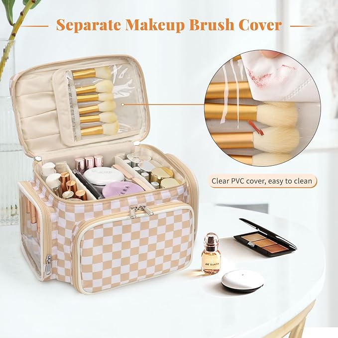 Large Makeup Bag, Portable Travel Makeup Bag Organizer for Women Girls with Makeup Brush Compartment & Two Side Pockets, Cosmetic Travel Bag Vertical Storage Toiletry- Checkerboard