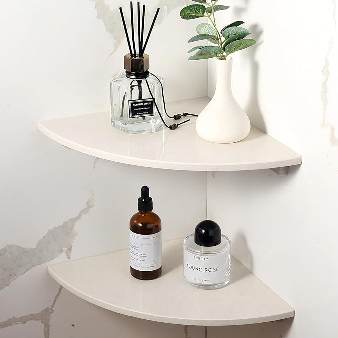 Koville Marble Corner Shower Shelf for Bathroom, 10'' Polished Marble Corner Shelves for Bath, Wall Mounted Stone Corner Shower Caddy, No Drilling Adhesive Shower Shelf - Rigel Yellow (2-Layer)