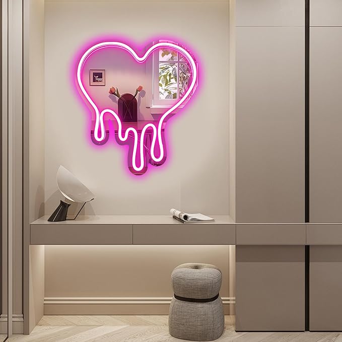 Heart Mirror Neon Sign Heart Neon Wall Art Sign for Wall Decor LED Neon Mirror Light Sign for Girls Room Bedroom Wedding Birthday Party