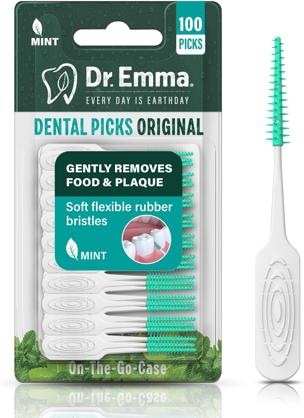 Dr. Emma Original Dental Picks Mint Soft Rubberized Tooth Picks Easy to Use Brush Picks 100Ct/Pack, 2 Packs (200Ct)