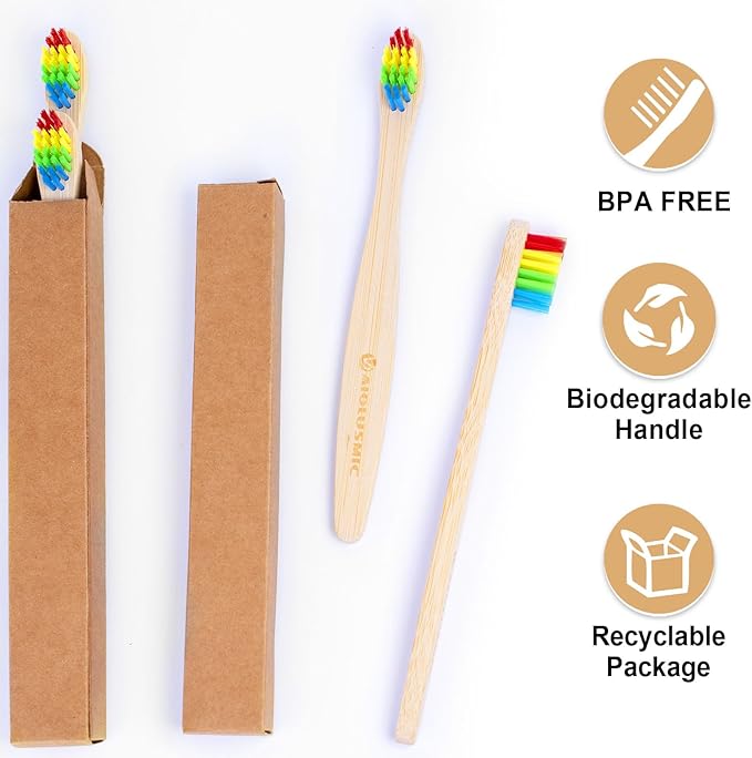 Eco-Friendly Bamboo Toothbrushes for Kids, 10 Pack Medium Bristles Rainbow, Biodegradable Natural Bamboo Handle,Plastic-Free & Sustainable Oral Care for Children