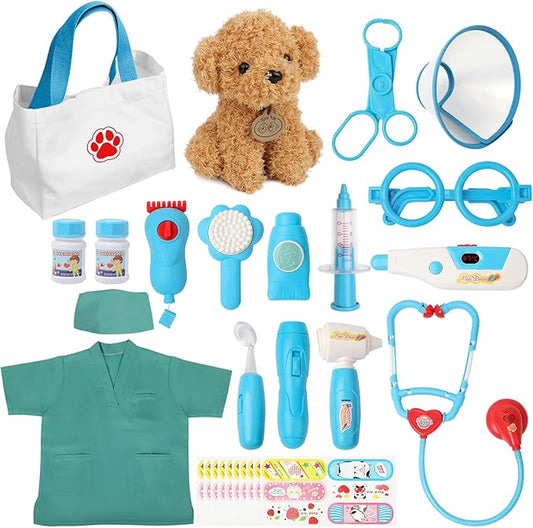 Liberry Doctor Kit for Toddlers 3 4 5 6 Years Old, 28 Pcs Kids Doctor Playset with Dog Toy, Stethoscope and Dress Up Costume, Pretend Play Medical Gift for Boys Girls (Blue)