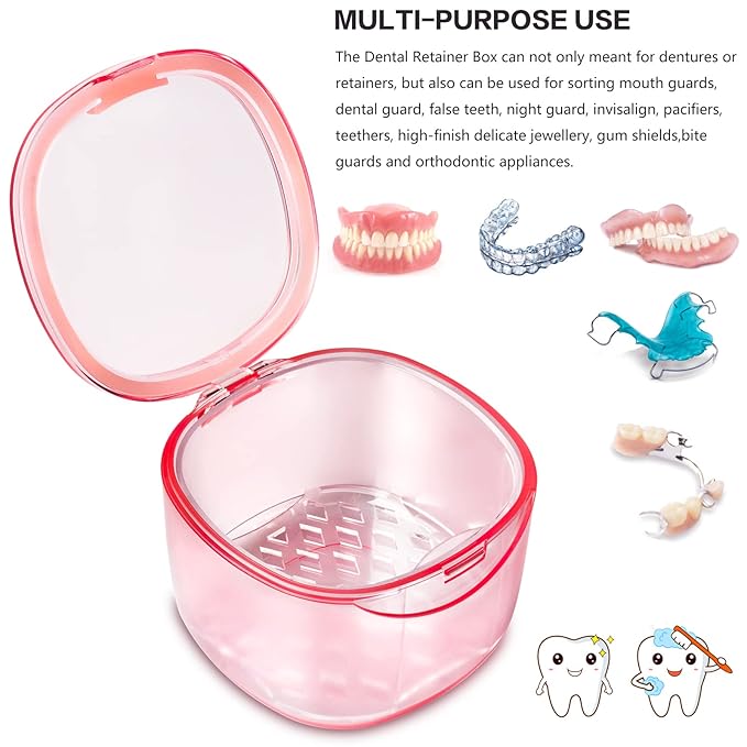 2022 Upgraded Denture Bath Box Cup, Retainer Cleaning Box, Complete Clean Care for Dentures, Denture Case - Second Generation (transparent pink)