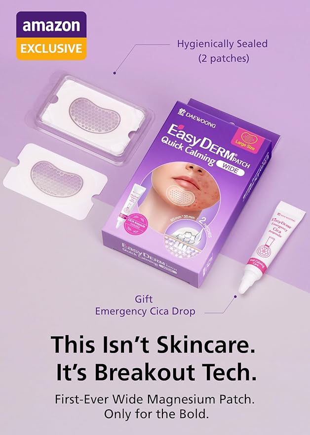 EasyDerm Quick Calming Magnesium Patches WIDE – 2 Large Face Acne Patches for Breakouts, TikTok Viral Microdot, With Bonus CICA Mini Ampoule