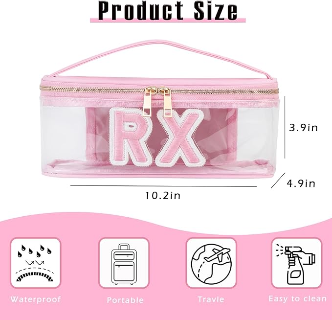 Clear Waterproof MEDS RX Makeup Bag，Transparent PVC Letter Patch medication travel case with Handle and Zipper, Portable Meds First Aid Travel Organizer Cosmetic Bag(03 Pink RX)