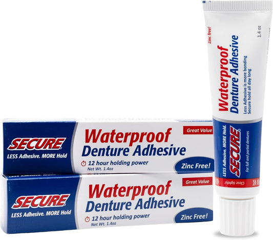 Secure Waterproof Denture Adhesive - Zinc Free - Extra Strong 12 Hour Hold - 1.4 oz (Pack of 2)