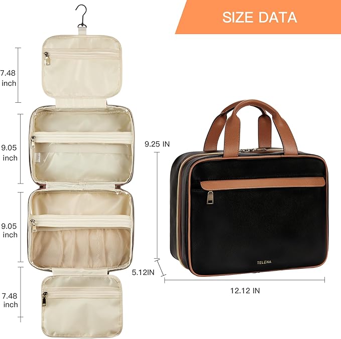 Telena Travel Toiletry Bag for Women with Hanging Hook, Water-resistant Cosmetic Bag Travel Organizer for Accessories, Toiletries, Shampoo