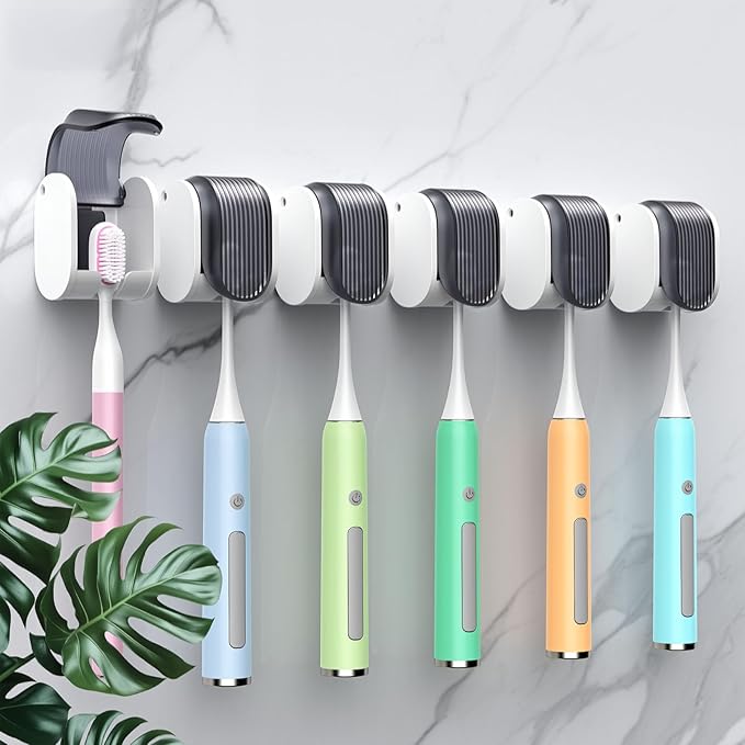 6 Pcs Toothbrush Holders Wall Mounted, Single Slot Design, Shower Self Adhesive Wall Mounted Toothbrush Holder with Cover, Waterproof and Dustproof, Suitable for Bathroom, Family, Travel (Grey)