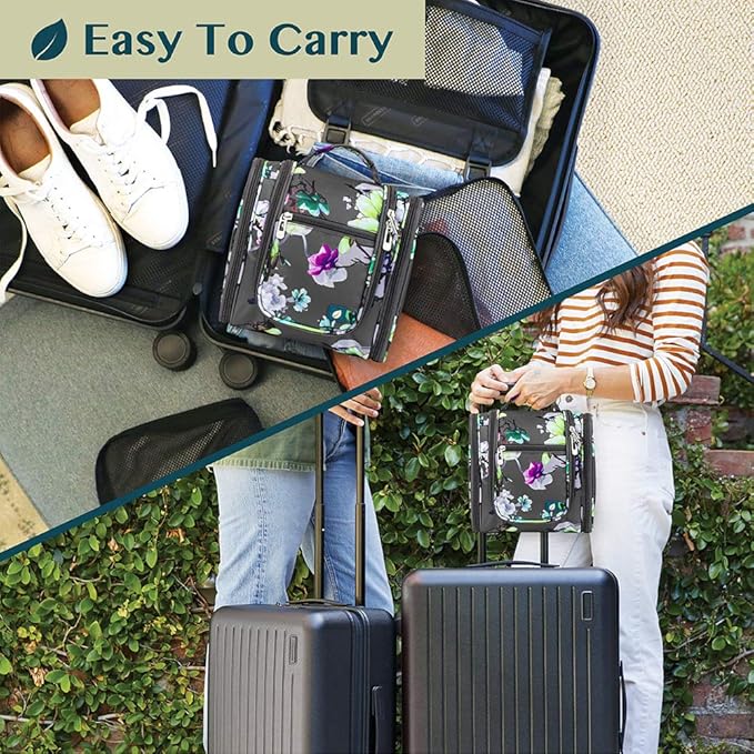 PAVILIA Toiletry Bag Travel Bag for Women Men, Hanging Cosmetic Organizer, Water Resistant Makeup Bag for Accessories Toiletries, Large Travel Essentials Kit (Floral Grey)