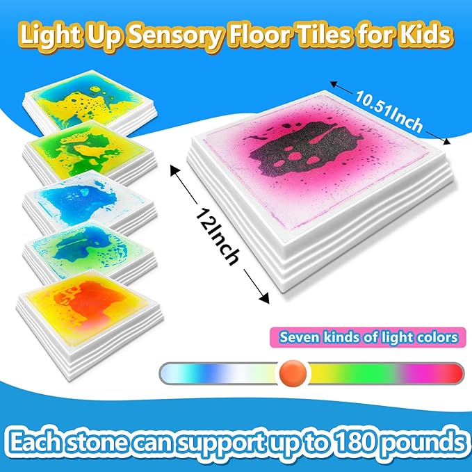Light Up Sensory Floor Tiles for Kids - 12x12 Inch Liquid Sensory Play Mat with 7 Colors Led Lights, Non-Slip Puzzle Mat for Home and Classroom, Autism Sensory Toys for Toddlers Ages 3-7 (Pack of 6)