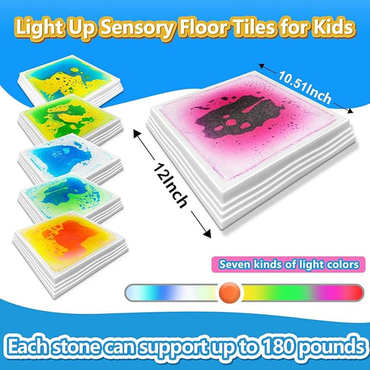 Light Up Sensory Floor Tiles for Kids - 12x12 Inch Liquid Sensory Play Mat with 7 Colors Led Lights, Non-Slip Puzzle Mat for Home and Classroom, Autism Sensory Toys for Toddlers Ages 3-7 (Pack of 6)