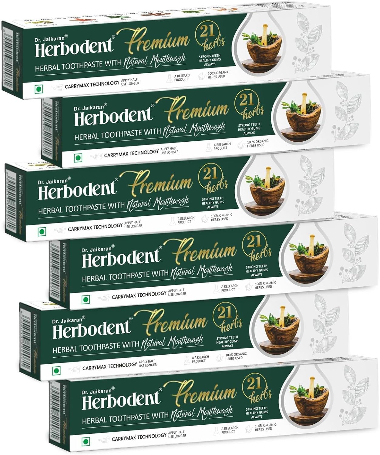 Herbodent® Premium Toothpaste -5.82 Oz Pack of 6 | 21 Herbs for Strong Teeth & Healthy Gums-Neem, Clove, Cinnamon, Cardamom with Natural Mouthwash-No Paraben, No Fluoride, No Saccharin, No Triclosan