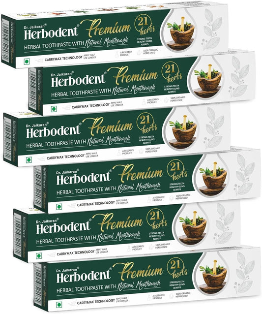 Herbodent® Premium Toothpaste -5.82 Oz Pack of 6 | 21 Herbs for Strong Teeth & Healthy Gums-Neem, Clove, Cinnamon, Cardamom with Natural Mouthwash-No Paraben, No Fluoride, No Saccharin, No Triclosan