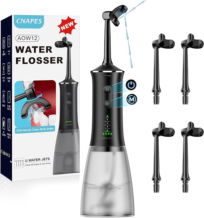 Cordless Water Dental Flosser with 4 U-Shaped Jet – Travel-Friendly, 350ML Larger Tank, 4 Modes & 4 Speeds, 360° Nozzle, Powerful Battery, Cleans Inner/Outer Teeth in One Pass
