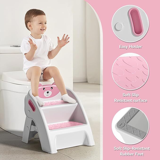 TPN Toddler Step Stool for Bathroom Sink and Potty Training Durable Anti-Slip,Anti-Tip A-Frame,10-Second Assembly, 2-Step Potty Stool with Wide Steps (Pink)