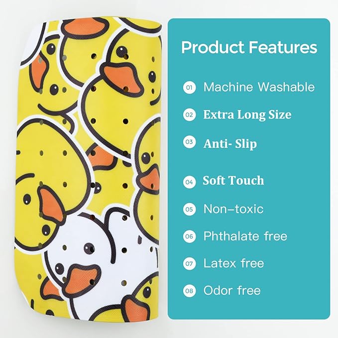 Bathtub Mat Kids Baby Non Slip Shower Mat 40X16 Inch Extra Long Toddler Anti Slip Bath Mats for tub Mat with Suction Cups and Drain Holes,Yellow Duck
