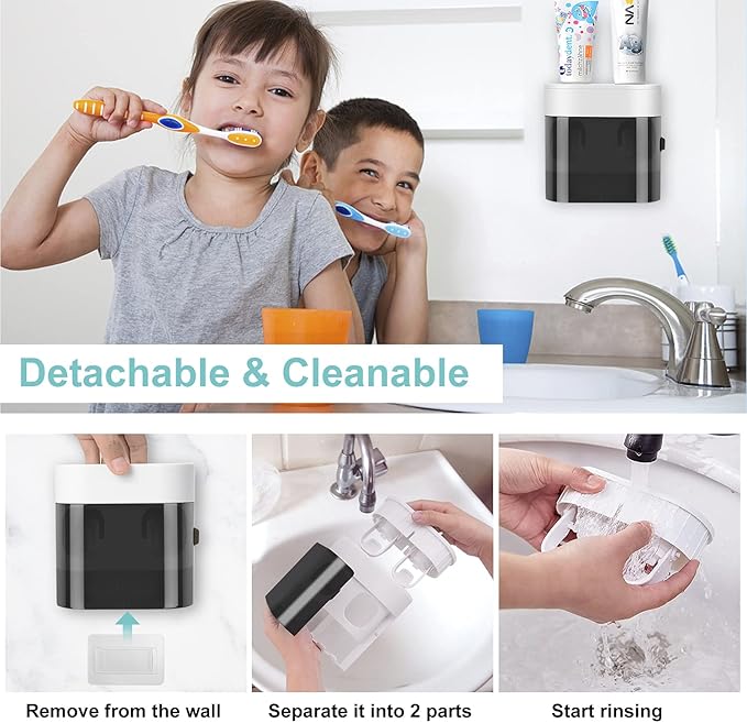 Toothbrush Holder Toothpaste Dispenser Wall Mounted with Cover, 4 Slots Tooth Brush Storage Organizer with Automatic Kids Toothpaste Squeezers for Shower Bathroom Black