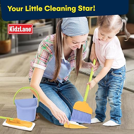 Kidzlane Kids Cleaning Toy Set - Toddler Cleaning Set with Realistic Broom, Mop, and Dustpan with Wet Floor Sign and Cleaning Tools - Kids Broom Set for Ages 3 and Up - Fun Playtime for Boys and Girls