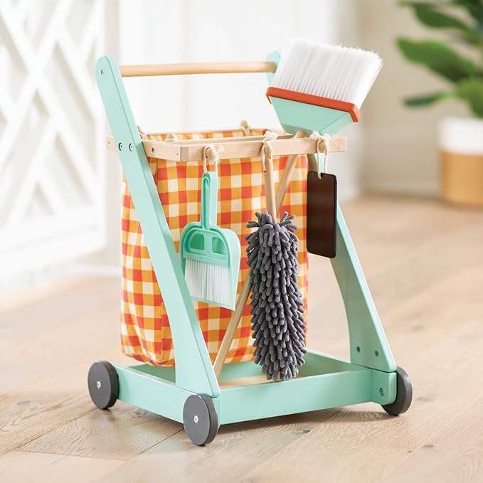 MindWare Oh So Fun! Cleaning Cart – Kids Cleaning Set Includes Kid Size Broom & Other Cleaning Toys for Kids 3 & Up