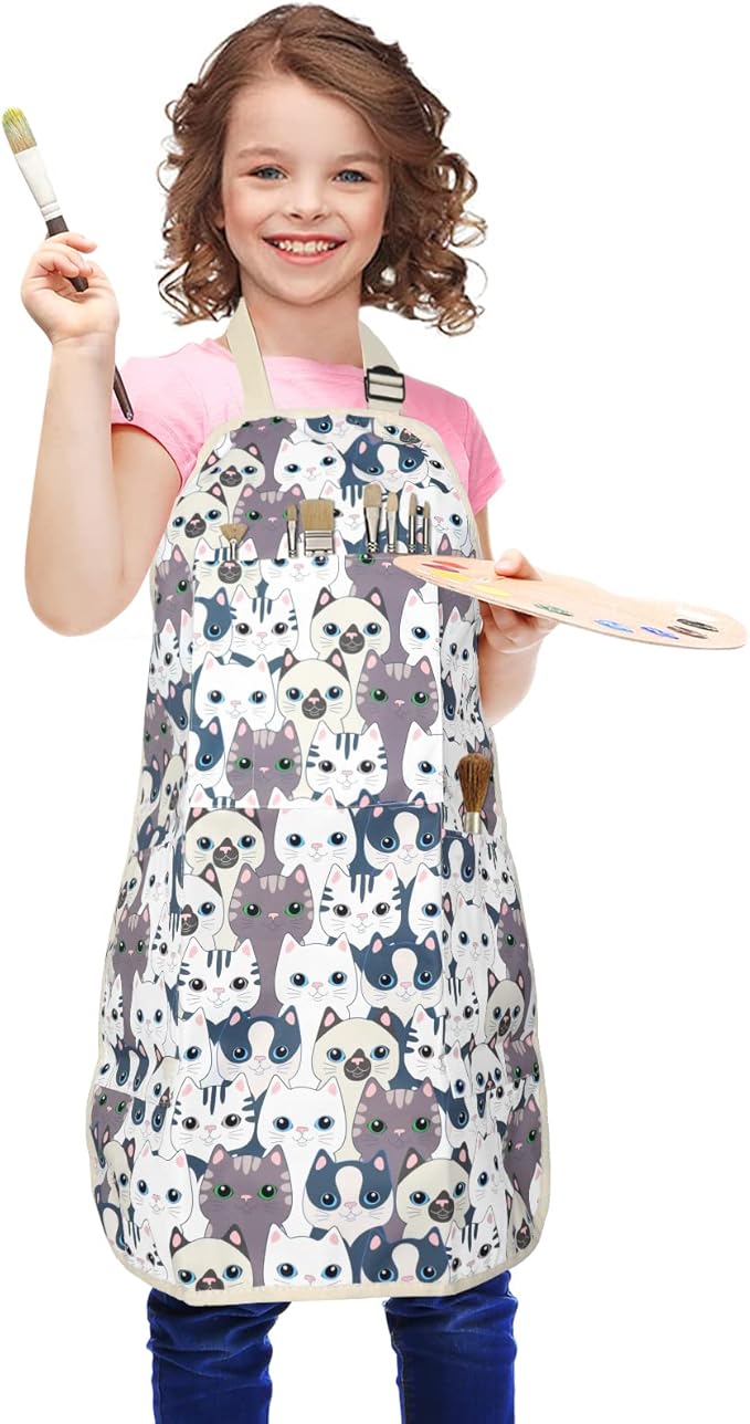 FreeNFond Kids Apron Adjustable Child Apron with 4 Pockets for Baking Painting