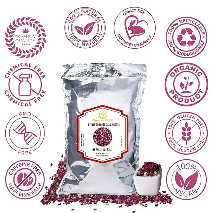 Cure wid Pure Sun-Dried Rose Petals & Buds Whole In Resealable Pouch - Fragrant & Rich in Color,Ideal for Culinary & Aromatic Uses Food Grade Dried Roses for Tea,Rose Water,Decor & More 1Lb