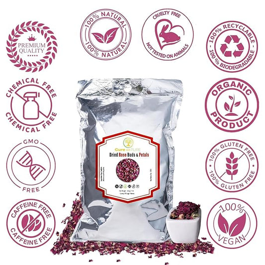 Cure wid Pure Sun-Dried Rose Petals & Buds Whole In Resealable Pouch - Fragrant & Rich in Color,Ideal for Culinary & Aromatic Uses Food Grade Dried Roses for Tea,Rose Water,Decor & More 1Lb