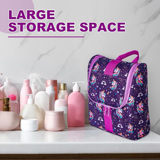 Cute Cartoon Hanging Kids Toiletry Bag Children Travel Cosmetic Makeup Organizer Wash Bag Shower bag Over Night Bag Camping Shaving Kit Bag for Boys & Girls(Unicorn)
