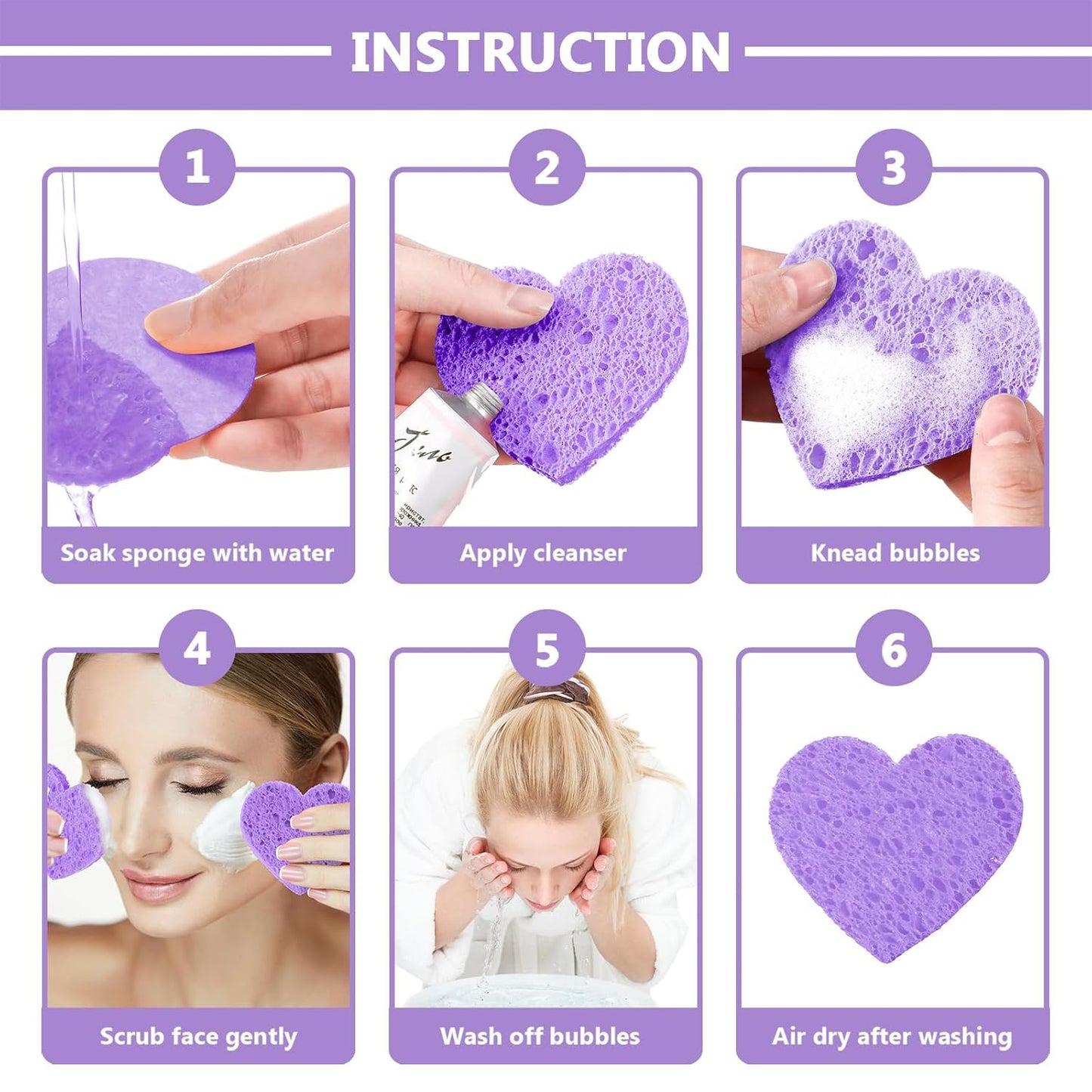 Nuenen 60 Pieces Facial Sponges with Container, Heart Shape Compressed Face Sponges Natural Cleaning Pads for Washing Face Cleaning Exfoliating Esthetician Makeup Removal(Purple)