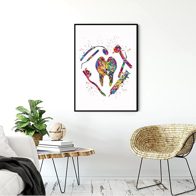 HFKSRJGW Funny Medical Poster,Dental Art Watercolor Print Tooth Fairy Dentist Poster Teeth Anatomy Stomatology Decor Clinic Wall Decor Medical Art Dental Office Art,16"x24"Framed Wall Art