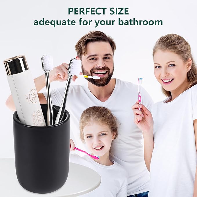 BosilunLife Ceramic Toothbrush Holder - 12oz Bathroom Toothbrush Holder Black Tooth Brush Holders Tumbler Cups Reusable Toothbrush Mouthwash Cup Small Toothbrush and Toothpaste Holder