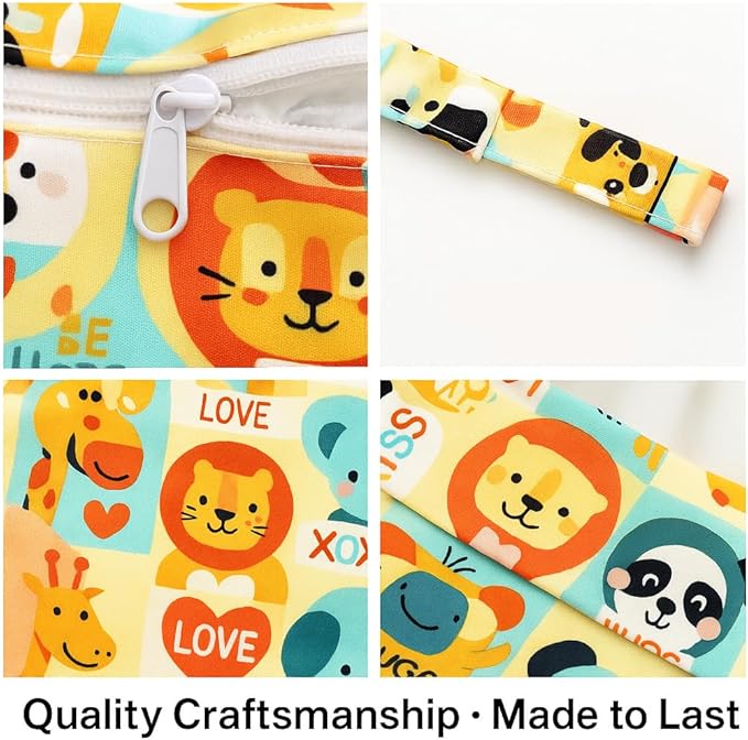 Waterproof Wet Dry Bag, Reusable Diaper Pouch with Zipper, Machine Washable Travel Organizer for Beach, Daycare, Kids, Dinosaur Pattern (Orange Lion)