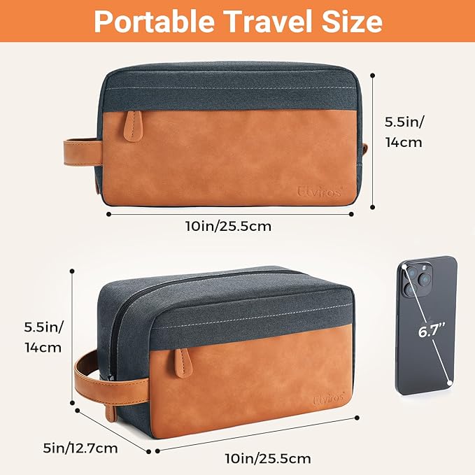 Elviros Travel Toiletry Bag for Men, Hanging Toiletries Bag Water Repellent Dopp Kit PU Leather Travel Bag for Toiletries Accessories, Navy Blue