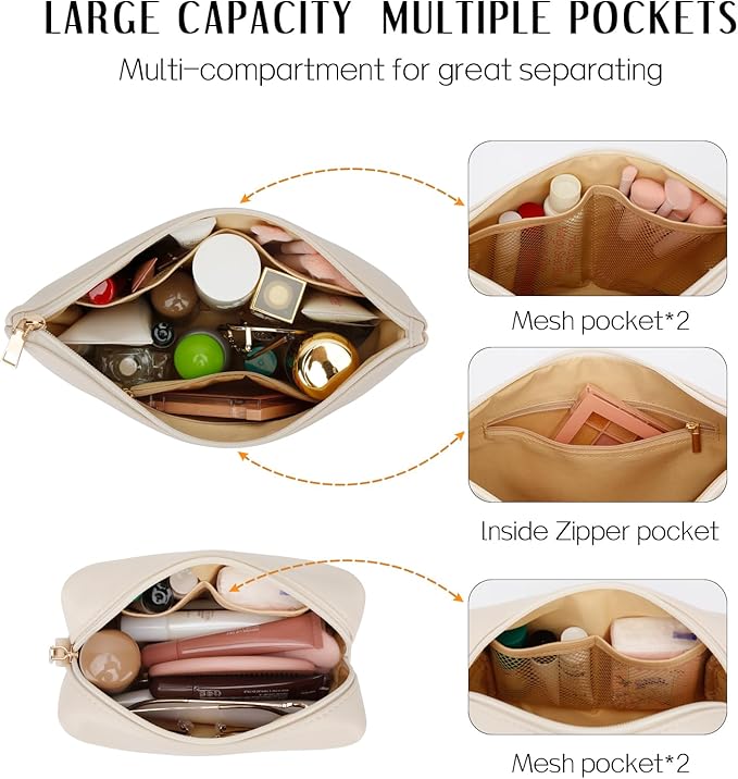 Women Gifts | Initial Makeup Bag Set for Girl Personalized Gifts for Bridesmaid Friend Graduation Teachers PU Leather Cosmetic Travel Toiletry Bag(Beige,A)