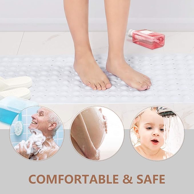 Sheepping Baby Bath Mat Non Slip Extra Long Bathtub Mat for Kids 40 X 16 Inch - Eco Friendly Bath Tub Mat with 200 Big Suction Cups,Machine Washable Shower Mat (White)