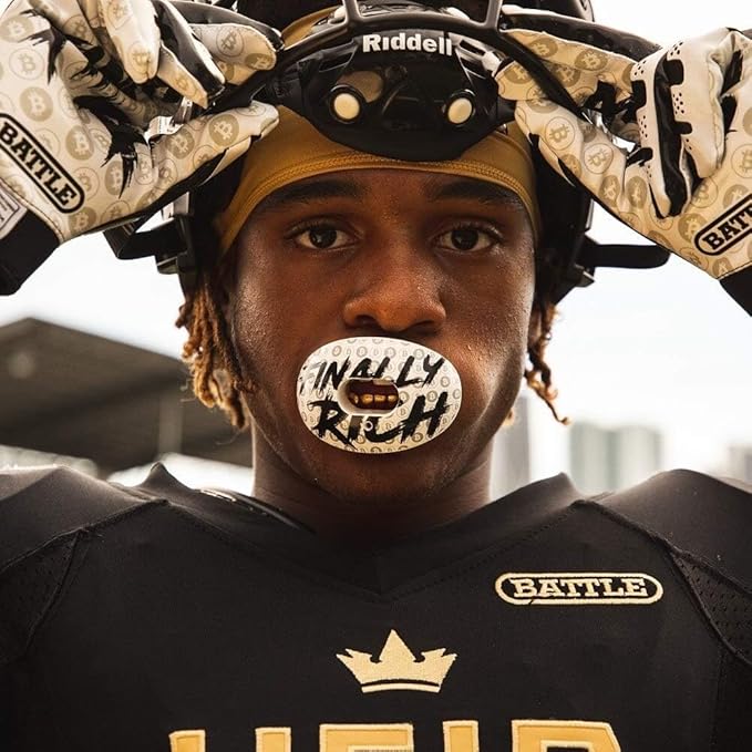 Battle Sports Oxygen Football Mouthguard - Football Mouth Guard with Strap, Superior Airflow & Better Performance, Maximum Breathability, Works with Braces - Benjamin/White/Green