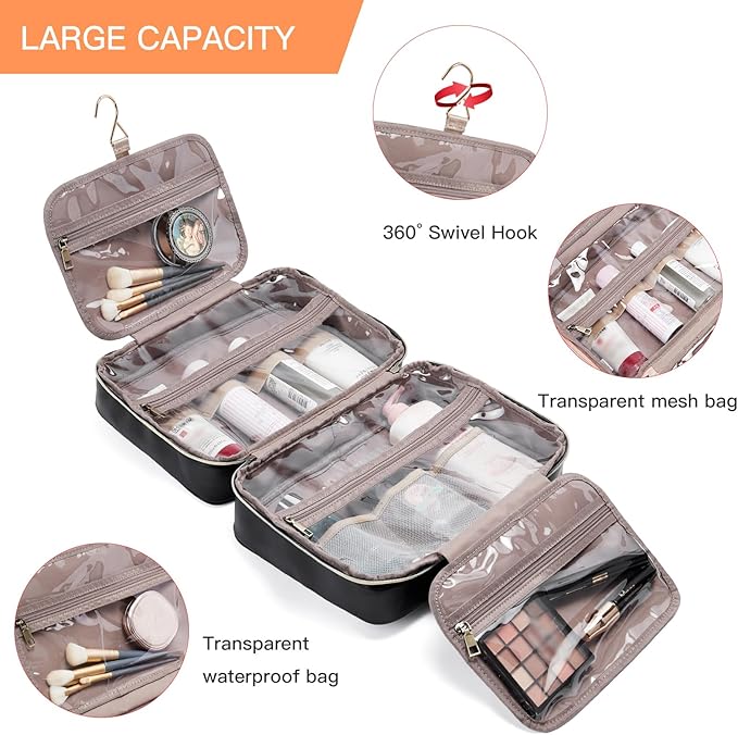 Telena Travel Toiletry Bag for Women with Hanging Hook, Water-resistant Cosmetic Bag Travel Organizer for Accessories, Toiletries, Shampoo