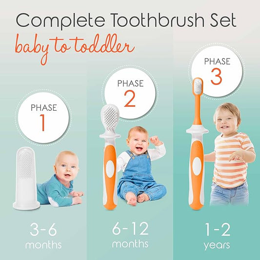 Cherish Baby Care Baby Toothbrush & Toddler Toothbrush Set (0-2 Years) - BPA-Free & Safety-Tested, 2023 Award Winner, Food-Grade Silicone (Orange)