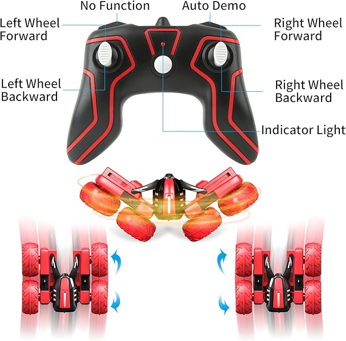 Remote Control Car for 6-12 Years Old Boys Girls Birthdays Present Gift, Hobby RC Car Stunt with LED Light Electric 4WD 2.4Ghz Double Sided Rotating Racing Vehicle 360° Flips Offroad Kids Toy Red