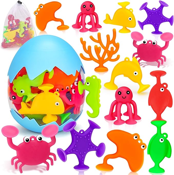 Toddler Suction Cup Bath Toys, Ocean Animal Bath Toys for Kids Ages 3-5 4-8 No Hole Mold Free Bathtub Window Building Toys Christmas Stocking Stuffers for 3 4 5 Year Old Boys Girls Birthday Gifts