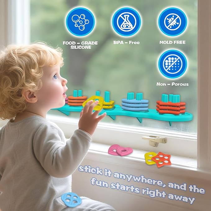 Suction Baby Bath Toys, Mold Free Silcone Shape Sorting & Stacking Bathub Toy, Sensory Toys & Best Gift for Toddlers 3 4 5 Early Learning Bathtub Fun (Geometry)