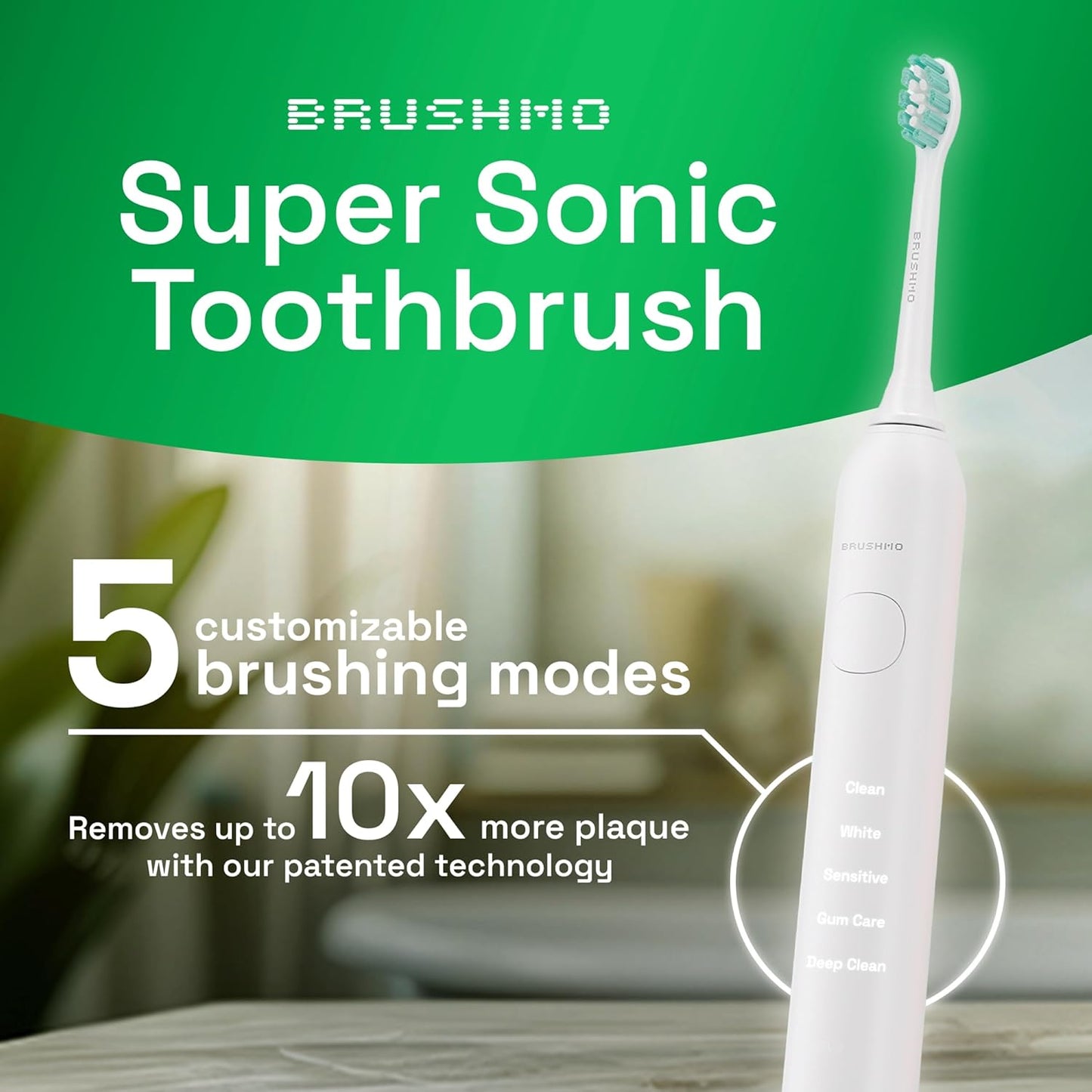 Brushmo Super Sonic Electric Toothbrush with 4 Replacement Heads - Rechargeable Electronic Tooth Brush for Adults with 5 Customizable Modes - IPX7 Waterproof & Long-Lasting Battery - White