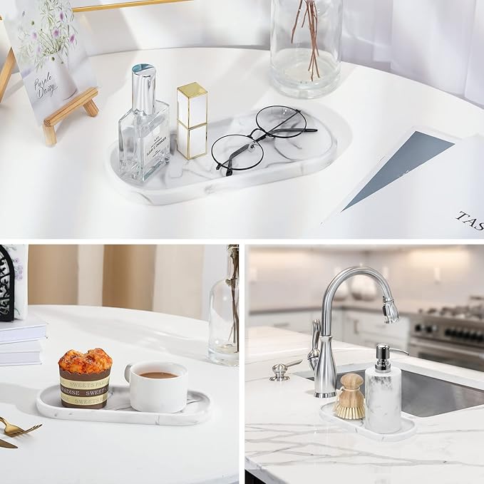 Luxspire Bathroom Vanity Tray Countertop, 10" Marble Tray for Kitchen Counter, Resin Oval Tray for Soap Dispenser and Toilet Tank, Decorative Trays for Perfume, Jewelry, Small, Faux Marble White