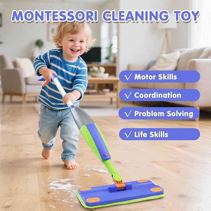 Kids Spray Mop,Real Working Toddler Cleaning Set, Mini Mop, Kid Vacuum - Spray Bottle,Scraper, Washable Microfiber Pads, Montessori Cleaning Toy Set,Toy for Kids Toddlers Ages 3+