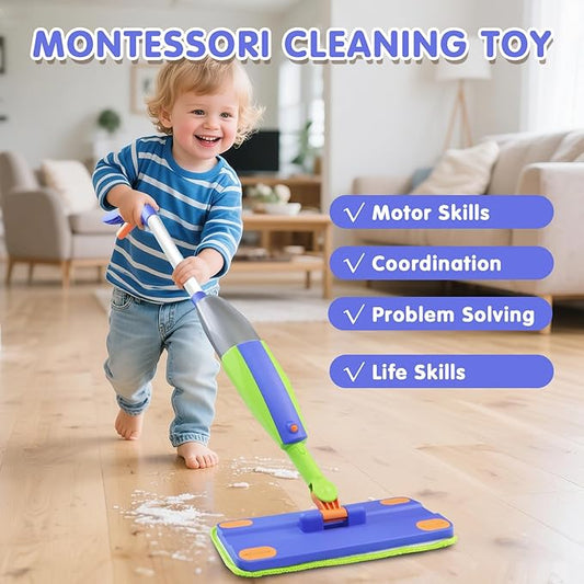 Kids Spray Mop,Real Working Toddler Cleaning Set, Mini Mop, Kid Vacuum - Spray Bottle,Scraper, Washable Microfiber Pads, Montessori Cleaning Toy Set,Toy for Kids Toddlers Ages 3+