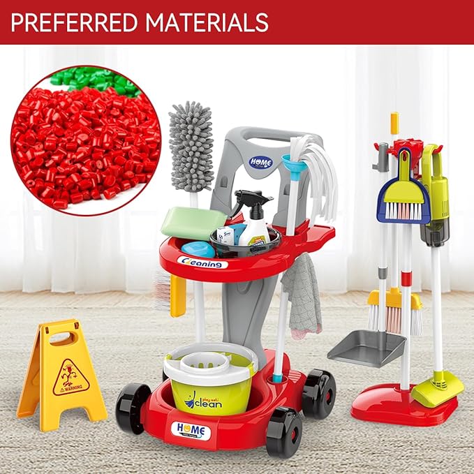 Toddler Cleaning Set，Kids Cleaning Toy Set，New 29-Piece Detachable Kids Cleaning Set for Toddlers - Pretend Play Educational Cleaning Carts (red)
