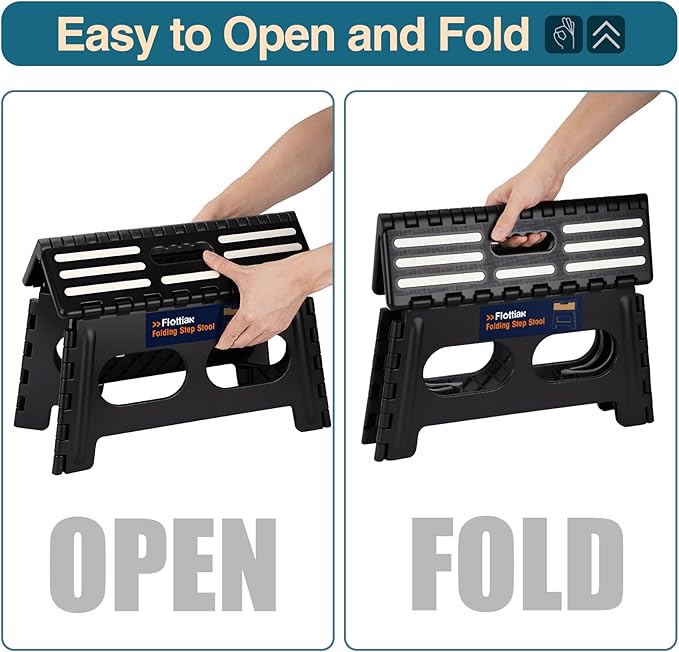 Flottian 9" Folding Step Stool for Adults and Kids 15-Inch Extra Wide Stool Holds Up to 300 lbs,Non-Slip Folding Stools with Handle,Compact Plastic Foldable Step Stool for Bathroom,Kitchen,ect,Black