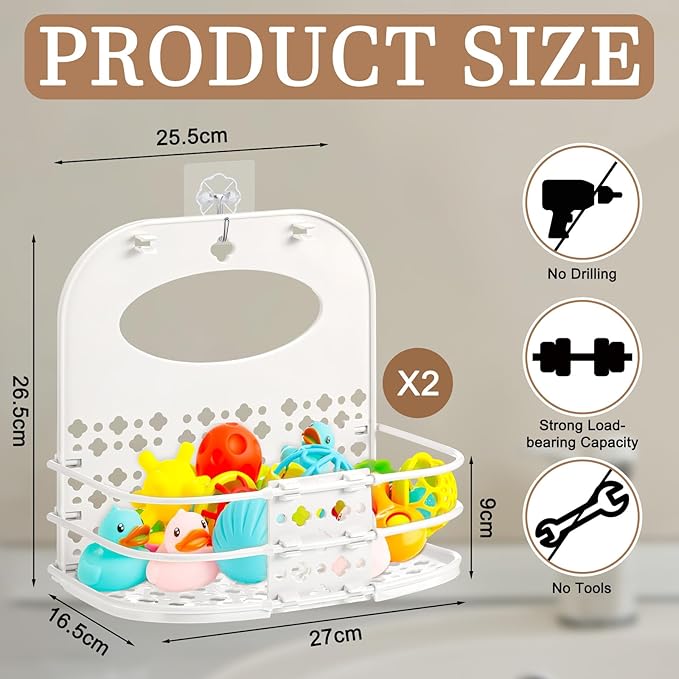 Yungyan 2 Pcs Bath Toy Storage Holder for Bathtub Foldable Bath Toy Organizer 10.6 x 10.6 x 6.7'' Bathtub Storage Shower Caddy for Toddlers Bedroom Bathroom