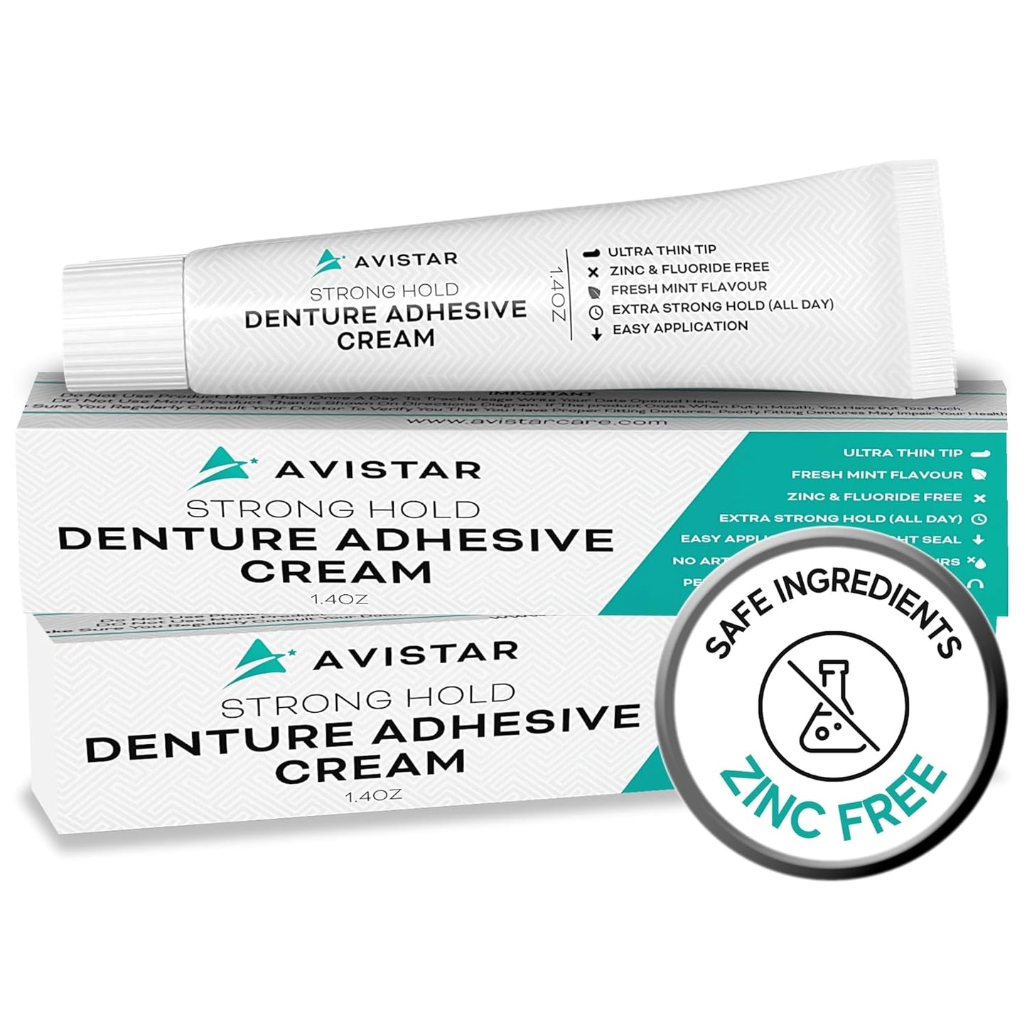 Extra Strong Denture Adhesive Cream, 12 Hour Hold Dental Glue, Waterproof, Zinc & Fluoride Free, Easy Apply Nozzle, Seals Food Out for Comfort, Mint Flavor (2 Pack, 2.8 Fl Oz)